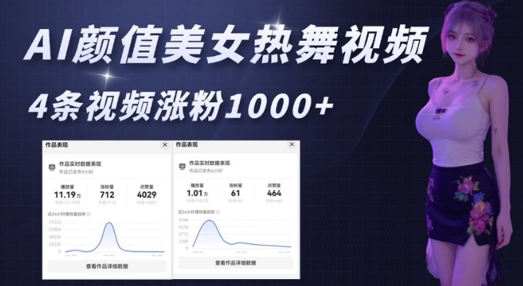 AI颜值美女热舞视频，4条视频涨粉1000+，实测6分钟一条-九鹄轻创网